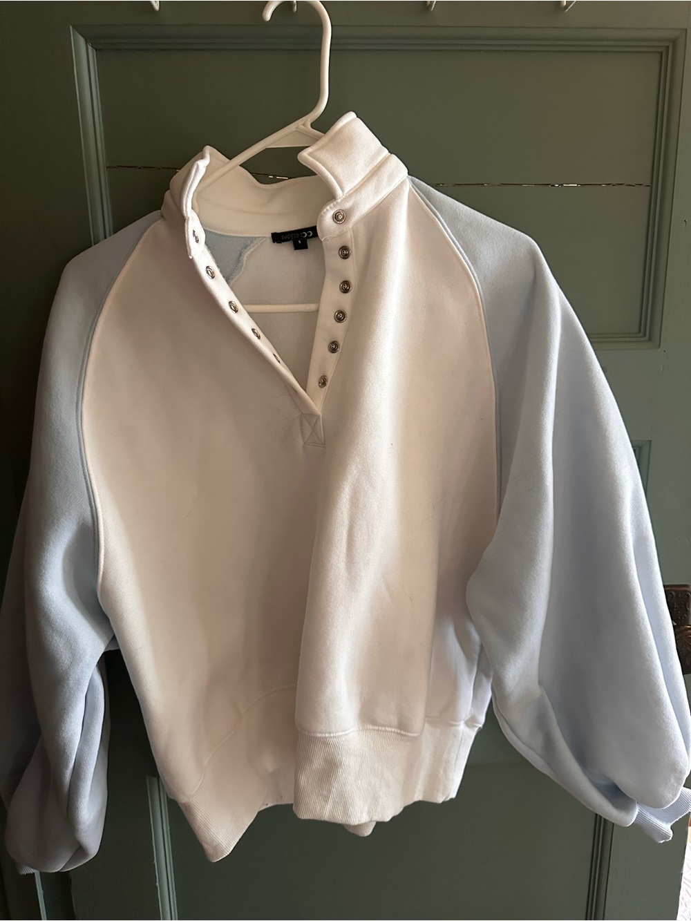 Papermoon White Crewneck Sweatshirt with Light Blue Raglan Sleeves